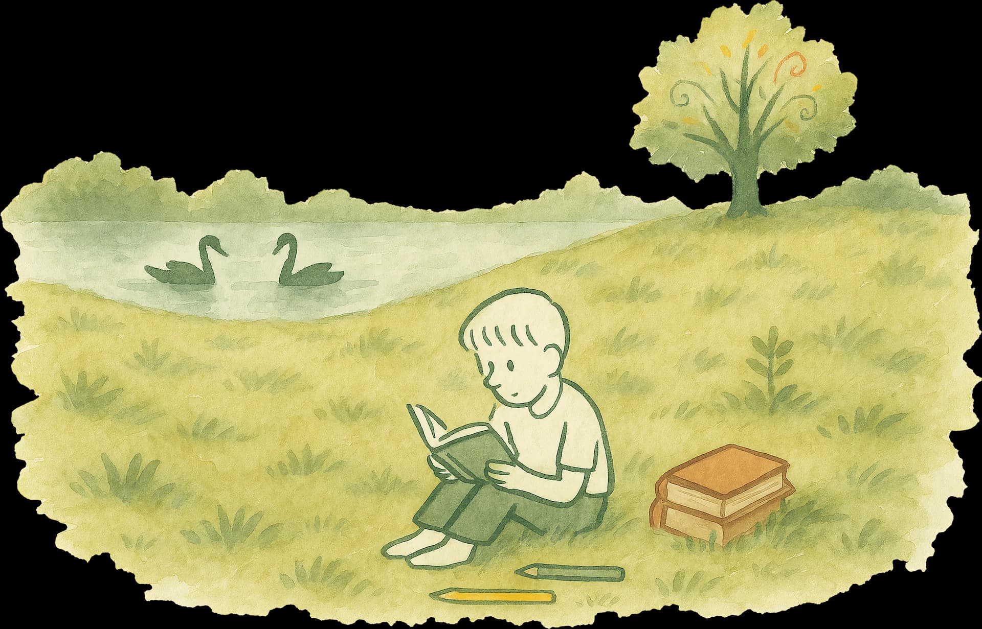 Child in a field reading a book